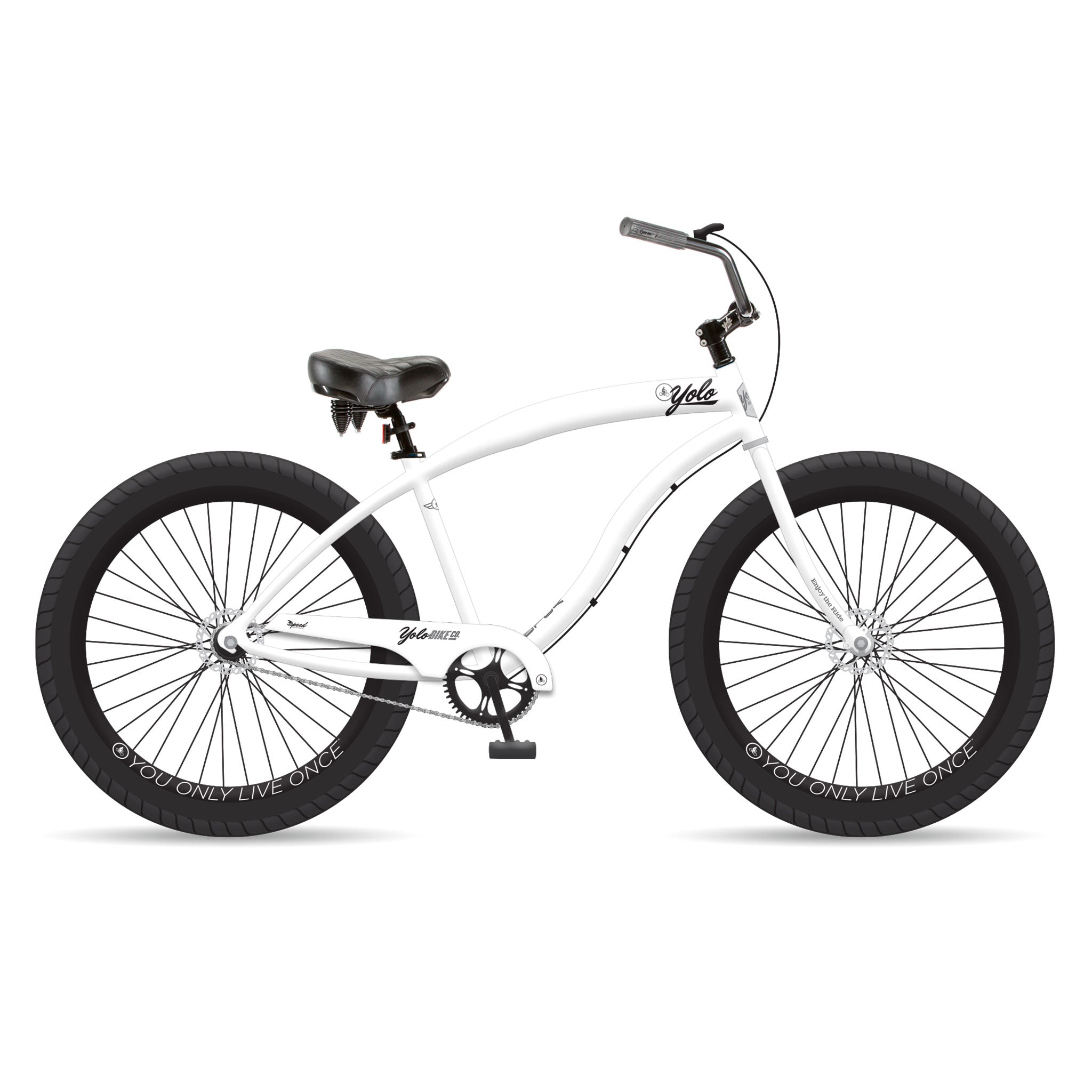 3-Speed Fat Tire Beach Cruiser Bike White YOLO Board and Bike