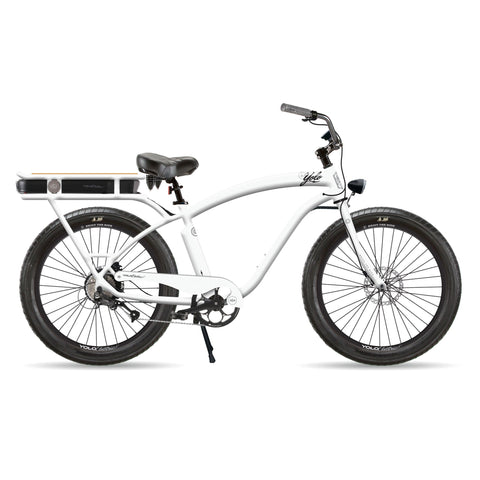 Beach Cruiser Electric Bike White E Bike Cruiser YOLO Board and Bike